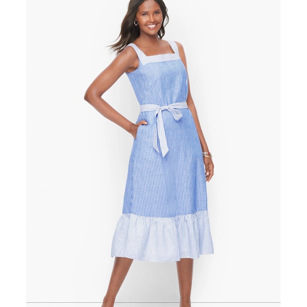 Talbots Dress Women's 4‎ Blue White Striped Linen Blend Midi Square Neck Pockets